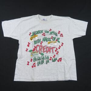 Funny Christmas Song Deck The Malls with Credit Parody Gray T-shirt Sz L 1990s